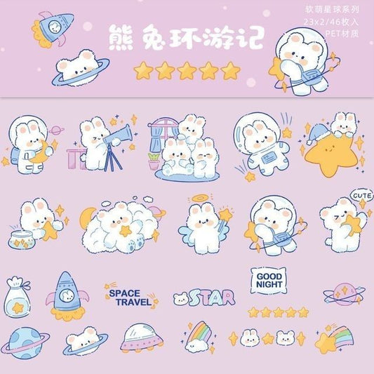Kawaii Space Travel Stickers Pack, Cute Astronaut Bunny and Bear, Stars, Planets, and Waterproof Vinyl Decals for Water Bottles, Laptops, and Journaling