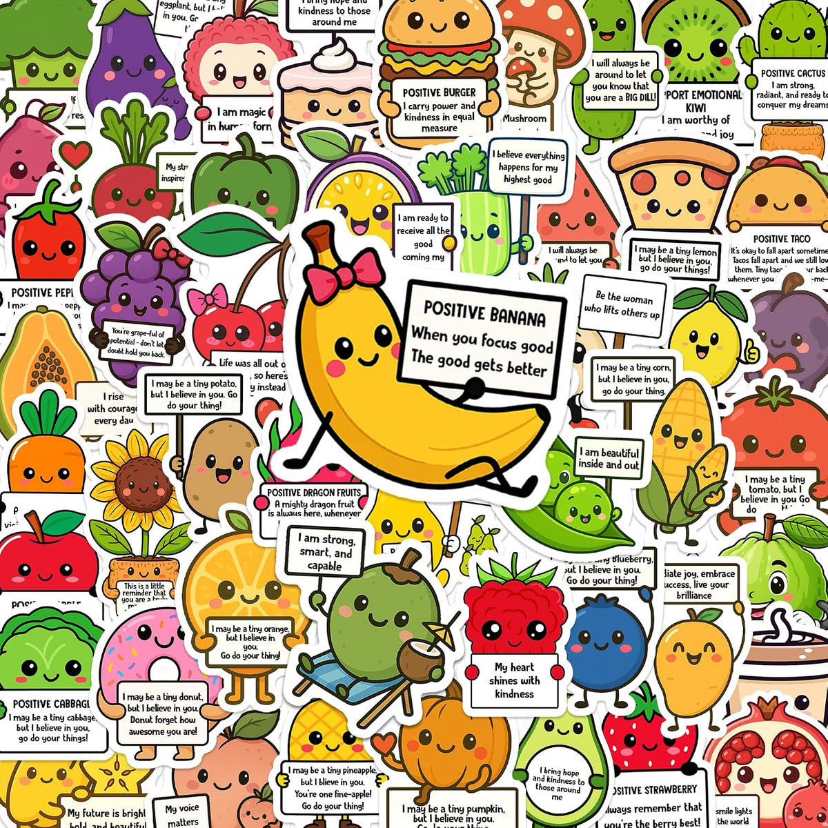FALIMITLESS Cute Fruit Stickers – (50pcs) Waterproof Vinyl Holographic Positive Motivational Fruit Stickers for Water Bottle Laptop Journaling Scrapbook Teens Kids Womens