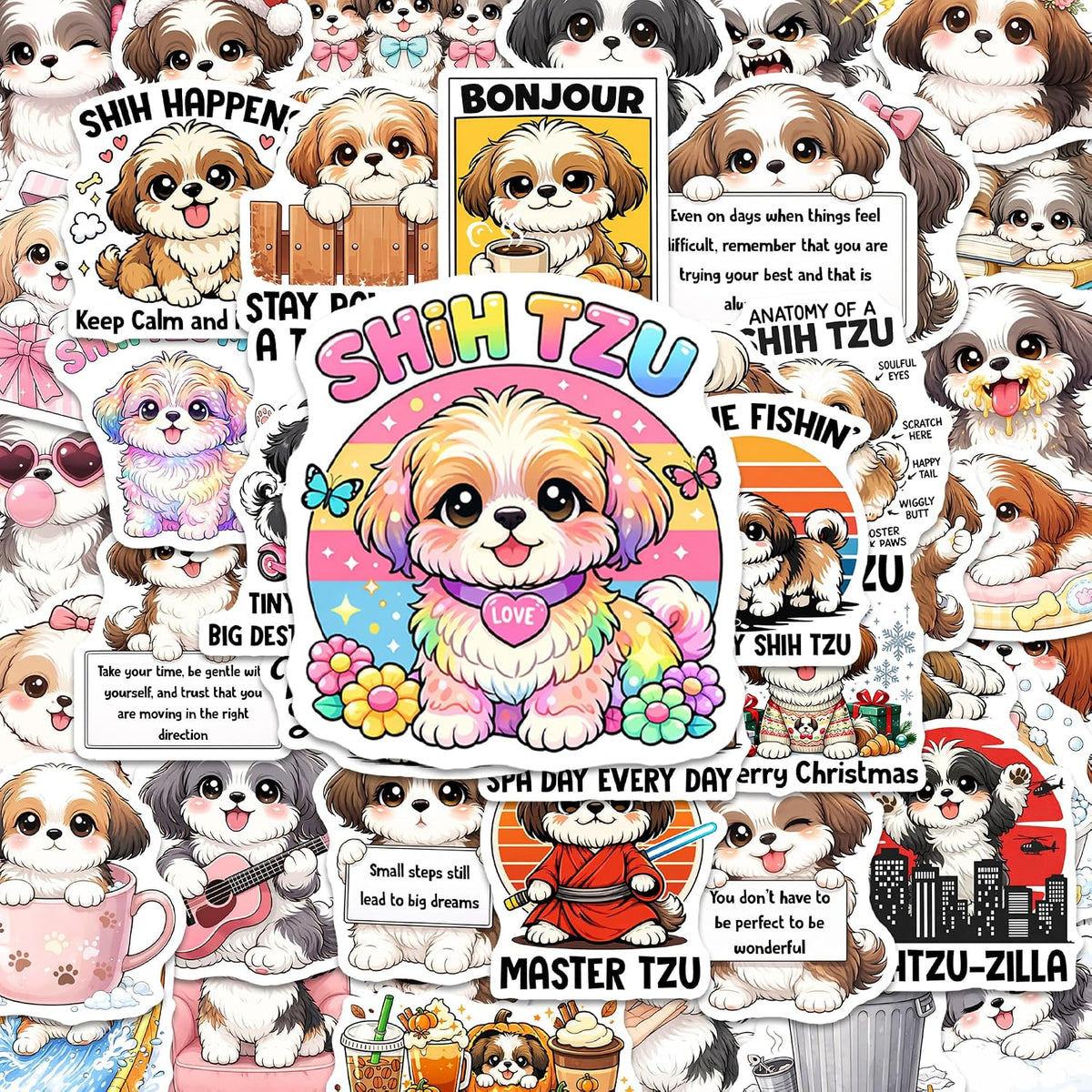 BEATRI Shih Tzu Stickers 50Pcs Positive Dog Waterproof Vinyl Decor & Party Favors for Laptop, Water Bottle, Skateboard & Travel Gear | Non-Repeating Decals, High-Definition Print