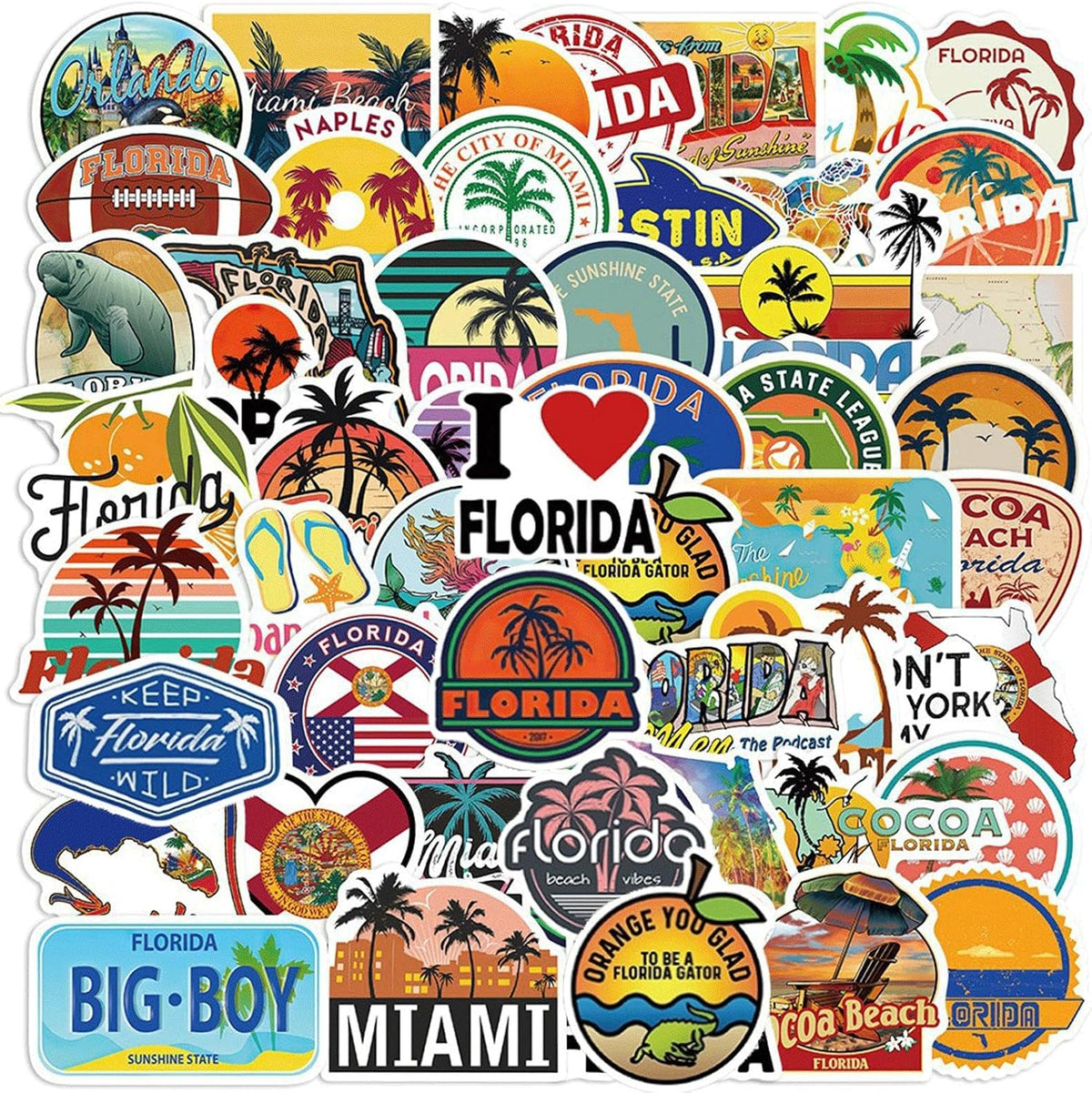 100PCS Florida Stickers,Cool Travel Stickers,Waterproof Vinyl Stickers for Water Bottles,Laptop,Luggage,Teens Adults,Keyboards,Backpacks,Skateboards,Luggage,Water Bottles,Scrapbooks