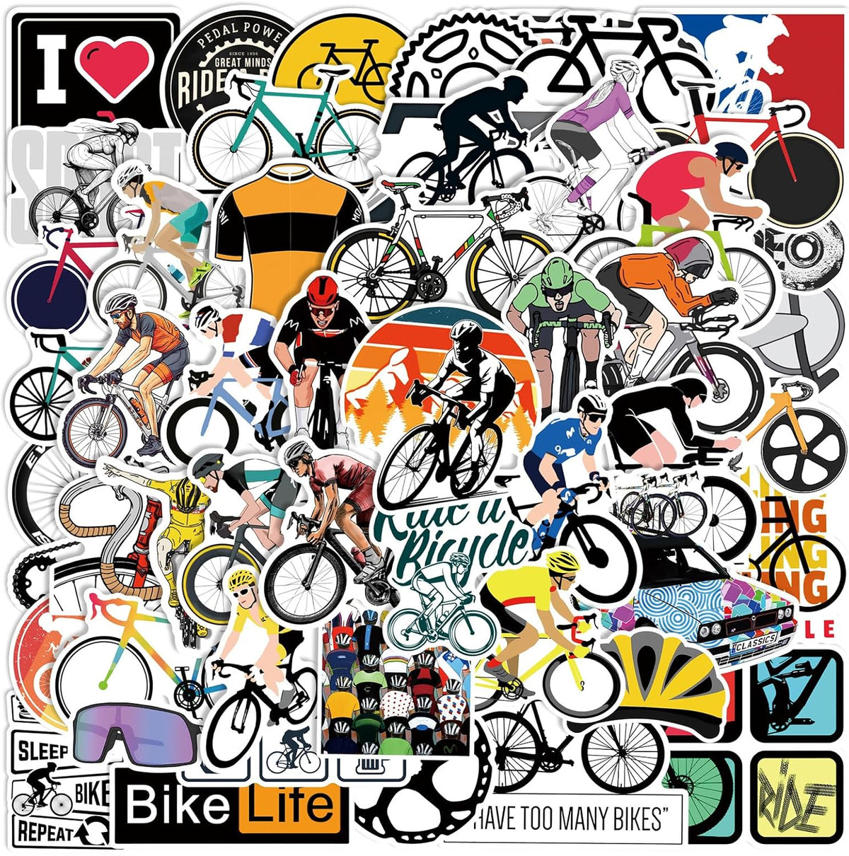 50 Pcs Road Bikes and Bicycles Stickers for Girls Boys Children Teens, Vehicle Bicycle Stickers for Laptop Water Bottles,Bicycle,Skateboard,Computer,Waterproof Vinyl for Wall,Graffiti Stickers