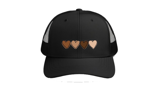 Baseball cap Black A horizontal row of four minimalist doodle hearts in alternating neutral and coffee shades 137