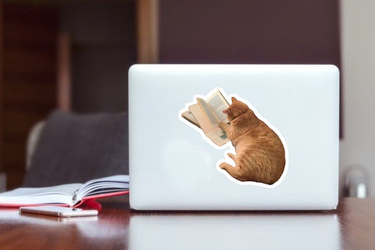 "Reading Cat" Bookish Laptop Sticker, Cute Orange Cat Reading a Book Vinyl Decal for Laptop, Water Bottle, Kindle, and Journal