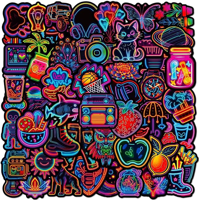 Sticker Pack of 100 Cool Neon Sticker Set, Waterproof Vinyl Stickers, Stickers for Laptop, Scrapbook, Mobile Phone, Journal, Cup, Skateboard, MacBook, iPad, Planner, Snowboard, Suitcase, Bicycle
