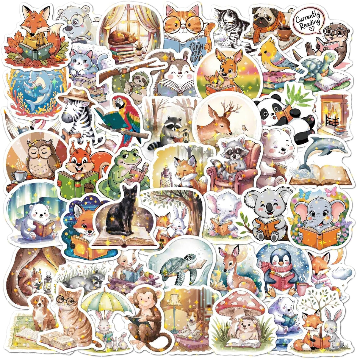 50PCS Holographic Book Stickers for Kids, Bookish Reading Stickers Bulk Pack for Journals Laptops Water Bottles Library Accessories, Waterproof Sparkly Decals for Book Lovers Gifts