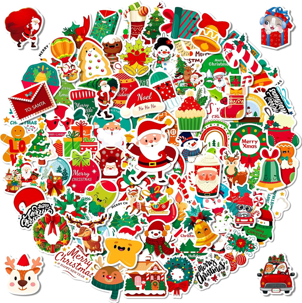100Pcs Christmas Stickers Christmas Holiday Stickers for Water Bottles Laptop Skateboard, Christmas Party Favors, Classroom Crafts, Christmas Gifts Stickers for Kids Teens Adults