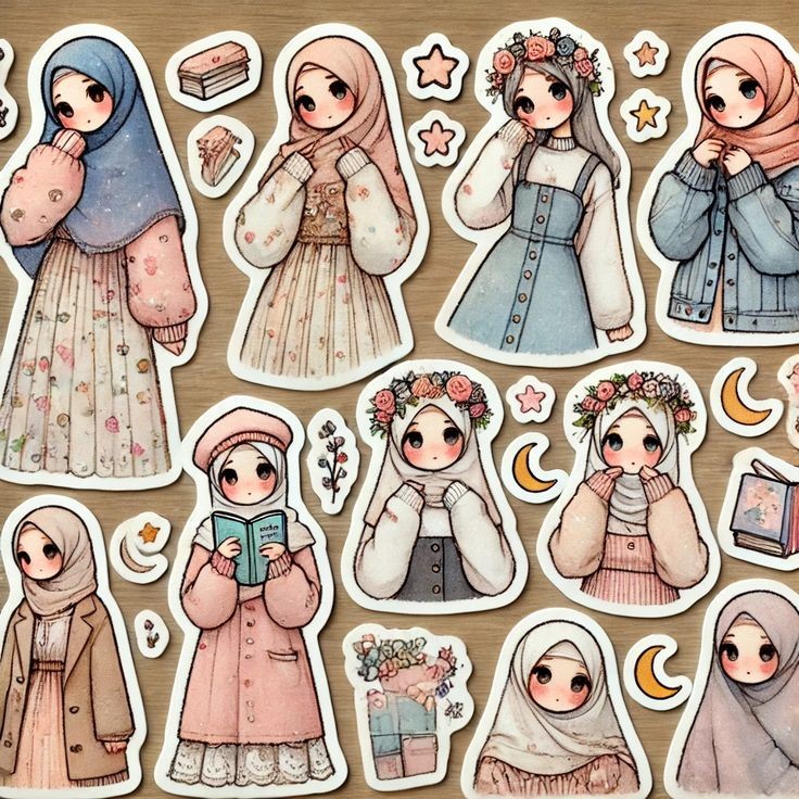 Aesthetic Hijabi Muslimah Theme Sticker Sheet Set, Cute Anime Girl Illustrations Waterproof Vinyl Decals for Hydro Flask, Laptop, and Planner