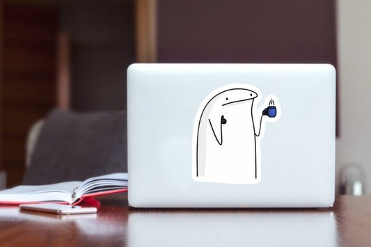 "Flork Meme" Coffee Lover Laptop Sticker, Funny Sock Character With Coffee Cup Vinyl Decal for Laptop, Water Bottle, and Journal