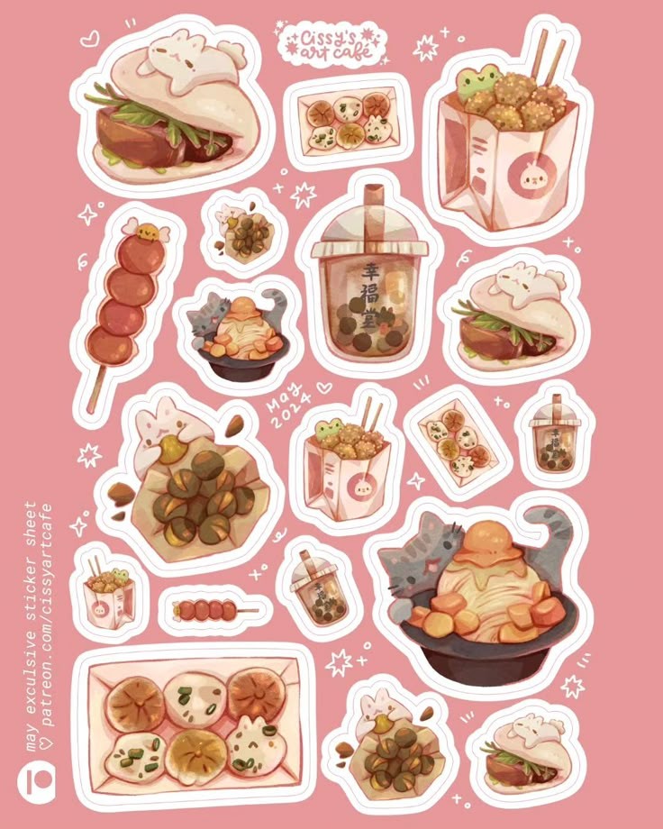 Kawaii Asian Street Food Stickers Pack, Cute Boba Tea, Dumplings, Burgers, and Waterproof Vinyl Decals for Water Bottles, Laptops, and Journaling