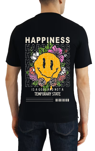 HAPPINESS IS A GOAL AND NOT A TEMPORARY STATE Back text One Size t- shirt Black Back 92