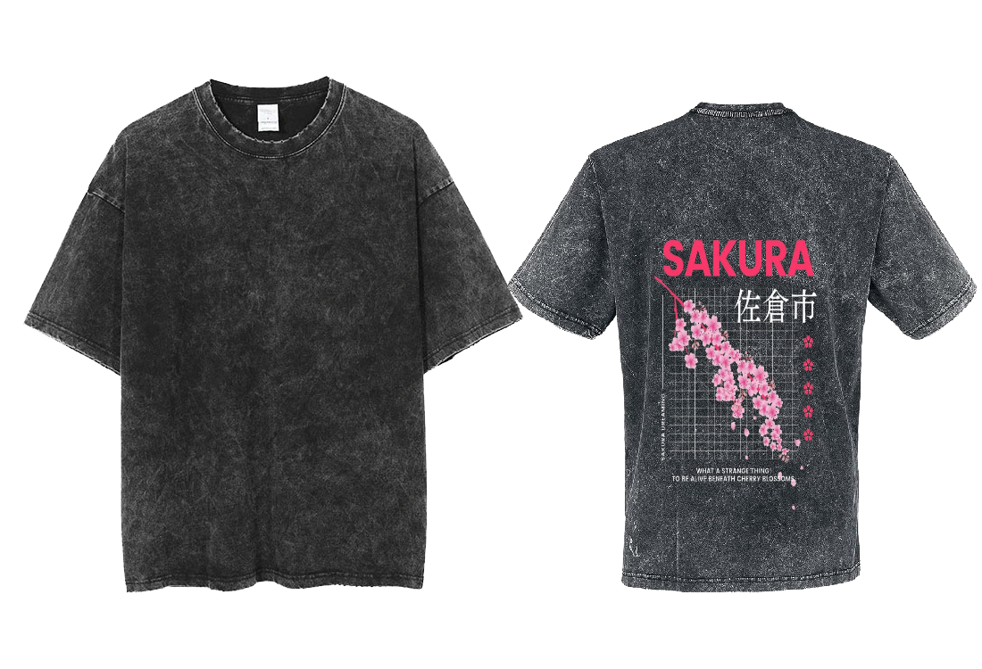 SAKURA Back text One Size t- shirt Washed Back 73