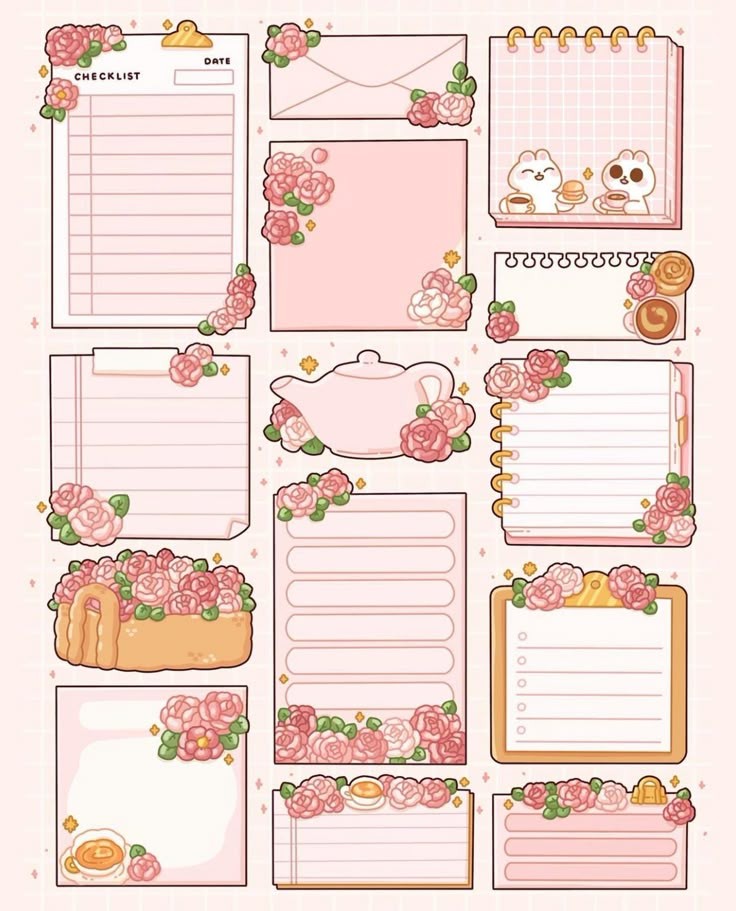 Pink Rose Memo Pads Stickers Pack, Cute Aesthetic Journaling Checklists, Planner Decals, and Waterproof Vinyl Stickers for Water Bottles and Lap