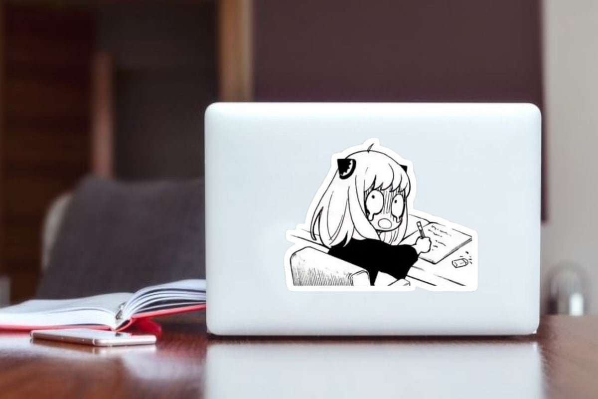"Anya Forger Stressed" Anime Laptop Sticker, Cute Manga Studying Vinyl Decal for Laptop, Water Bottle, Journal, and Kindle