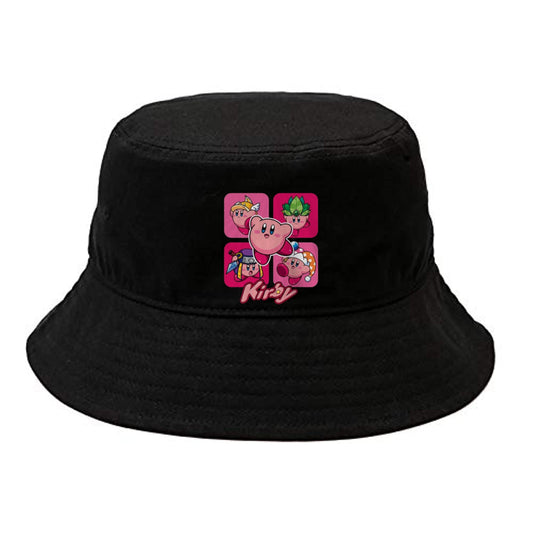 Cute Anime Kirby Bucket Hat, Kawaii Pink Character Black Sun Fisherman Cap, Y2K Streetwear Summer Beach Hat for Women and Men 9