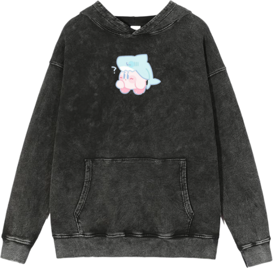 Cute Pink Anime Kirby Character Graphic Vintage Washed Hoodie for Women and Men, Kawaii Cartoon Dark Grey Pullover Sweatshirt 9