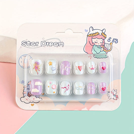 kids press on nails, fake nails for girls, cute cartoon false nails, safe non toxic nails, star dream kids manicure, fairy princess fake nails, glitter candy nails set, children pressons pack, short square press on nails, press on nails pre glued
