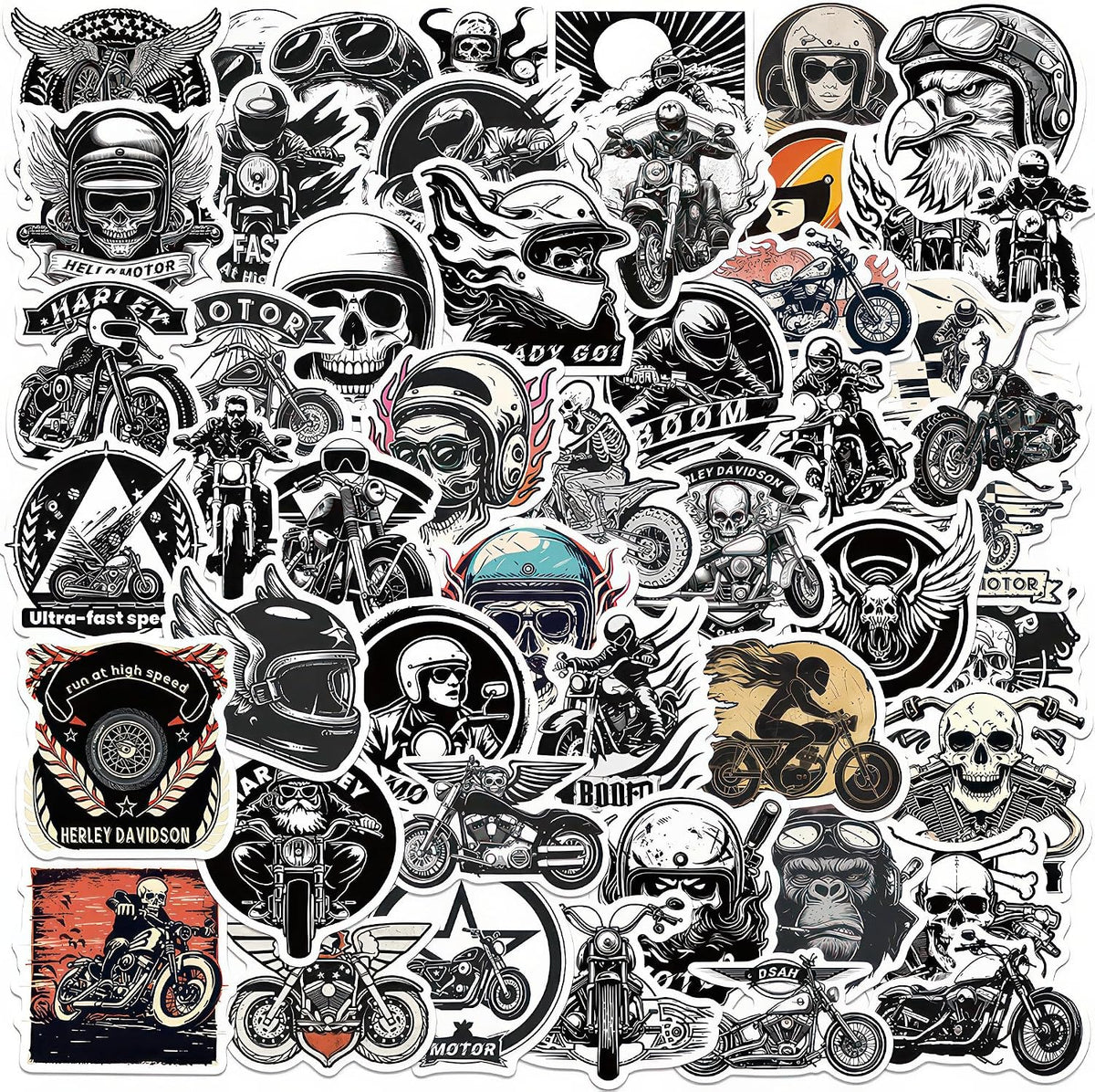 Cool Stickers 50 Pcs Black and White Motorcycle Sticker Graffiti Vintage Stickers Waterproof Stickers for Laptop,Guitar,Water Bottles Stickers for Kids Teens