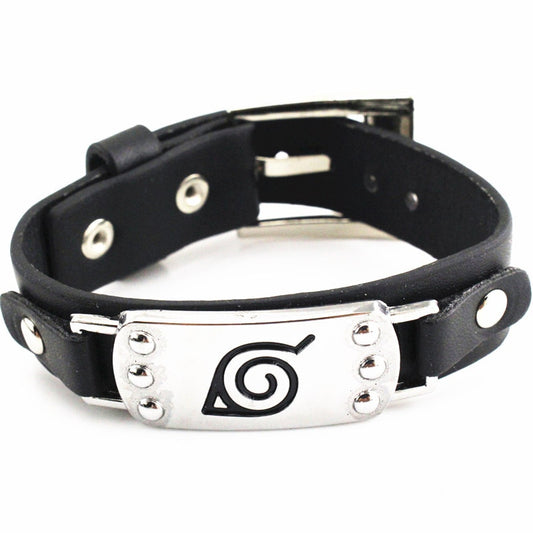 Anime Bracelet Konoha Leaf Logo Wrist Belt Buckle Style Black Pu Leather Cuff Bangle Bracelets