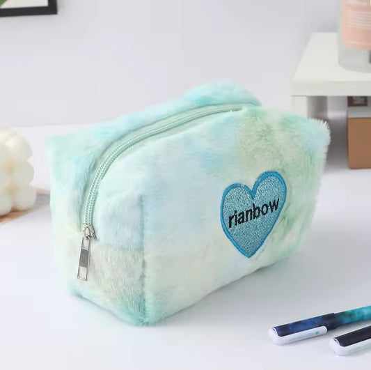 Wholesale Tie Dye Plush Makeup Bag Portable Rainbow Travel Beauty Storage Bag Large Capacity Custom Logo Cosmetic Pouch(blue)
