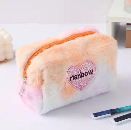 Wholesale Tie Dye Plush Makeup Bag Portable Rainbow Travel Beauty Storage Bag Large Capacity Custom Logo Cosmetic Pouch(orange)