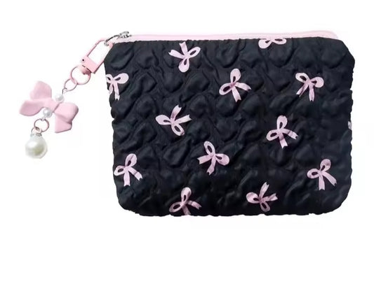 Makeup Bag, Black Cotton Pink Bow Small Cute Cosmetic Organizer for Women Travel 14x10x2cm