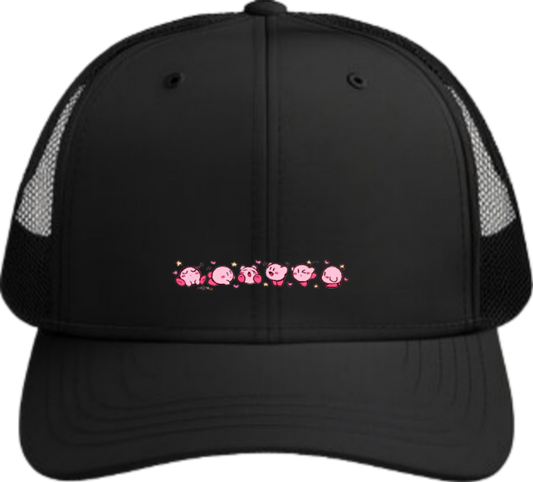 Kawaii Kirby Crown Pink Character Mesh Trucker Hat, Cute Anime Princess/King Black Baseball Cap, Adjustable Snapback for Women and Teens 32