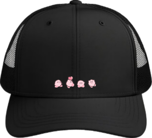 Kawaii Kirby Crown Pink Character Mesh Trucker Hat, Cute Anime Princess/King Black Baseball Cap, Adjustable Snapback for Women and Teens 33