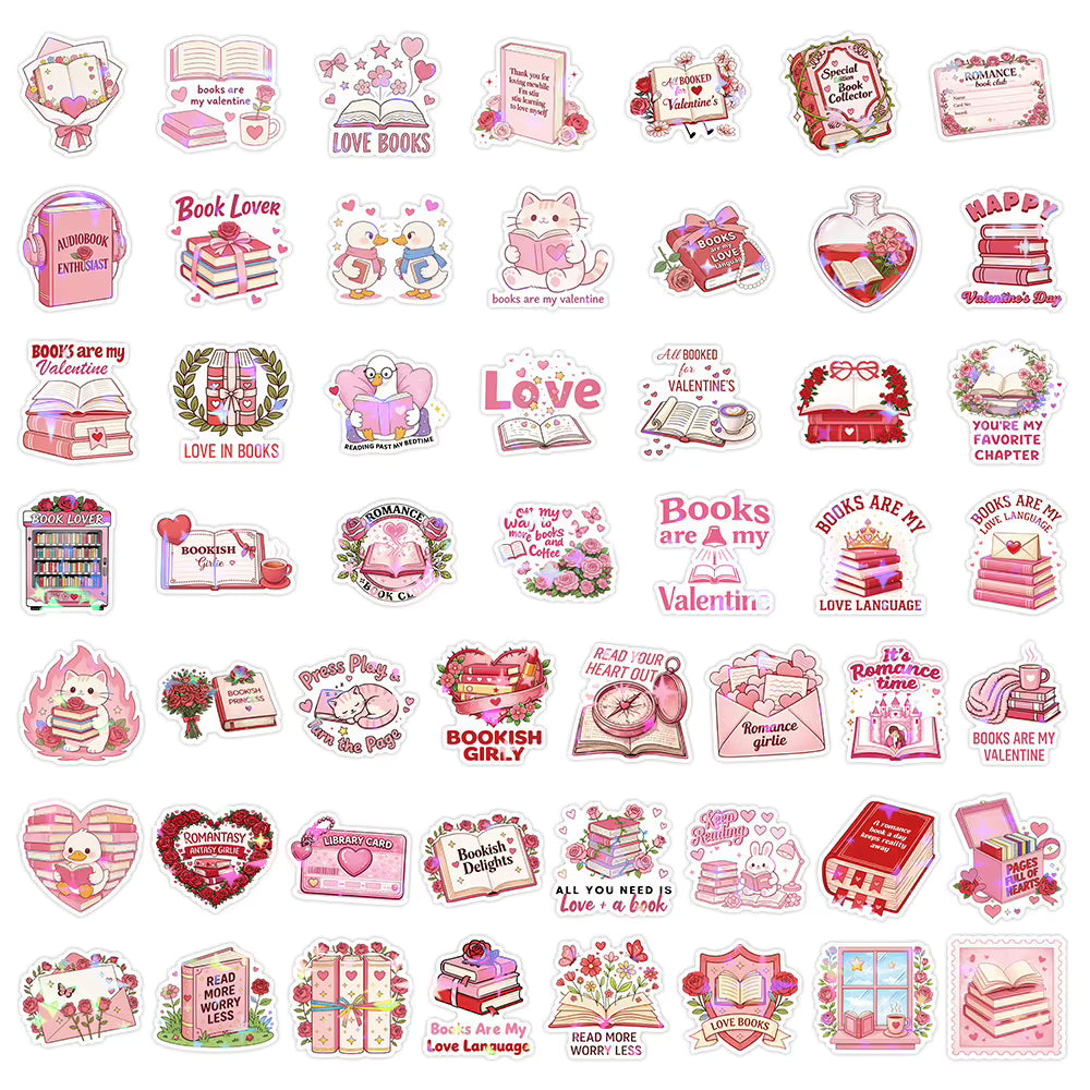 10/30/50pcs Holographic Laser Valentine's Day Bookish Stickers Cute Cartoon Decal Waterproof DIY Luggage Phone Aesthetic Sticker