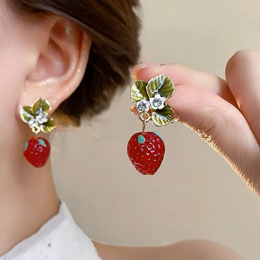 Cute 3D Strawberry Drop Earrings for Women, Red Enamel Fruit Dangle Earrings with Crystal Flower & Green Leaves, Cottagecore Aesthetic Jewelry Gift