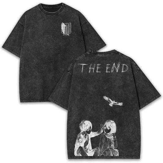 Anime Attack on titan shingeki no kyojin eren levi mikasa Aot washed acid  Oversize  t- shirt R 1