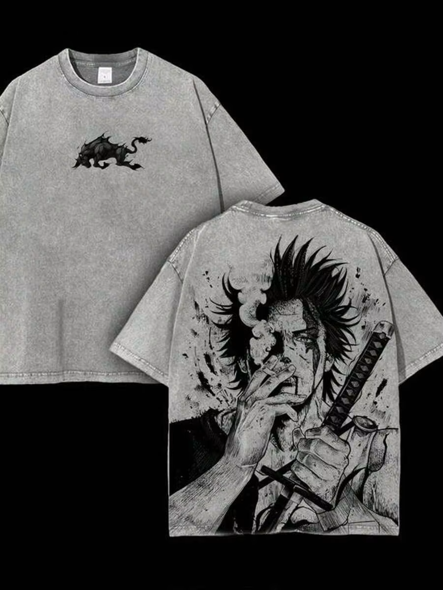 Anime black clover washed acid  gray Oversize  t-shirt R 1