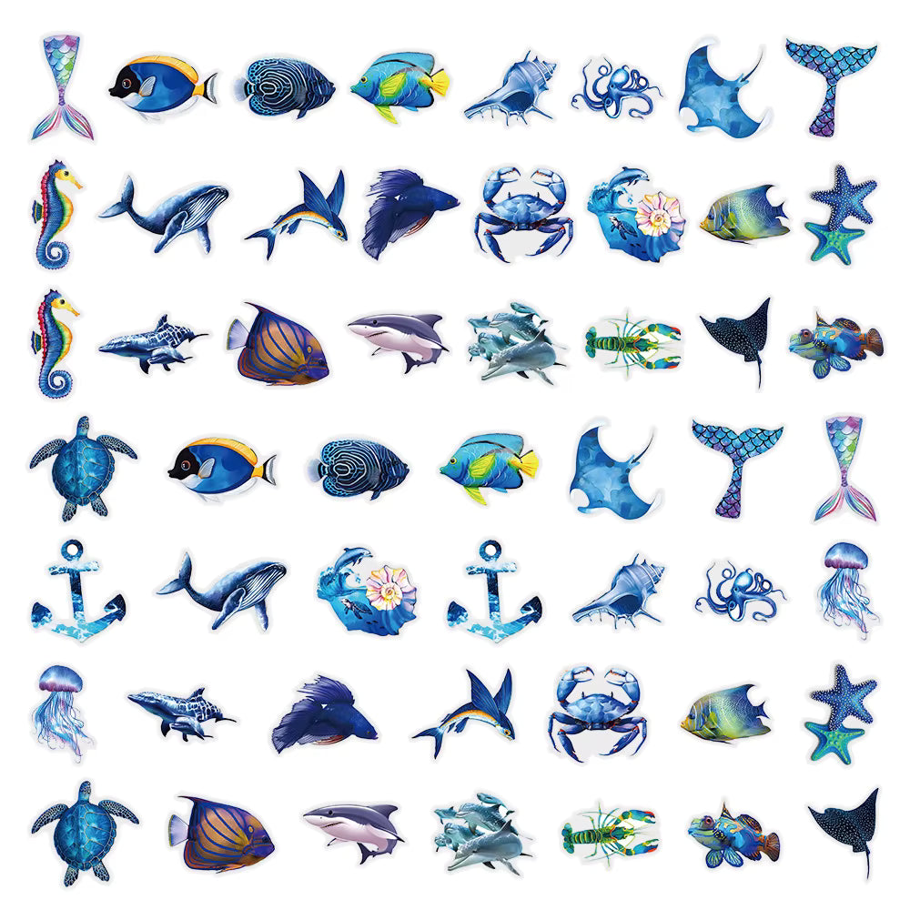 10/30/50pcs Transparent Cartoon Blue Marine Animals Stickers Cool Seafish Turtle Shark Decals DIY Motorcycle Laptop PET Sticker