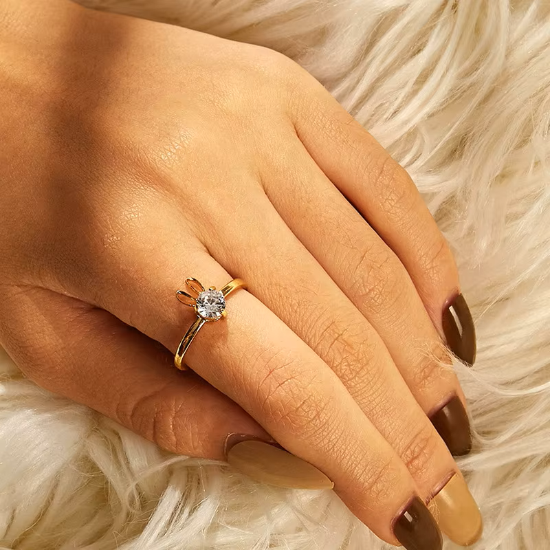 Gold Bunny Ears Ring for Women, Cute Cubic Zirconia Rabbit Finger Ring, Dainty Crystal Animal Promise Ring Kawaii Aesthetic Jewelry Gift