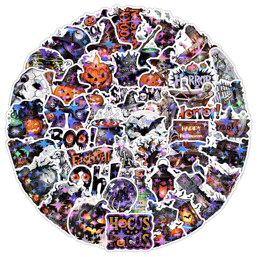 10/30/50pcs Laser Horror Gothic Halloween Pumpkin Skull Stickers Waterproof DIY Stationery Phone Stationery Cool Cartoon Sticker