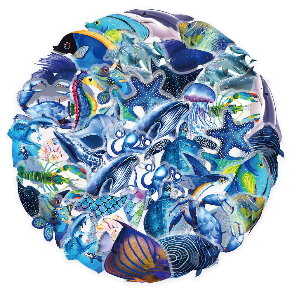 10/30/50pcs Transparent Cartoon Blue Marine Animals Stickers Cool Seafish Turtle Shark Decals DIY Motorcycle Laptop PET Sticker