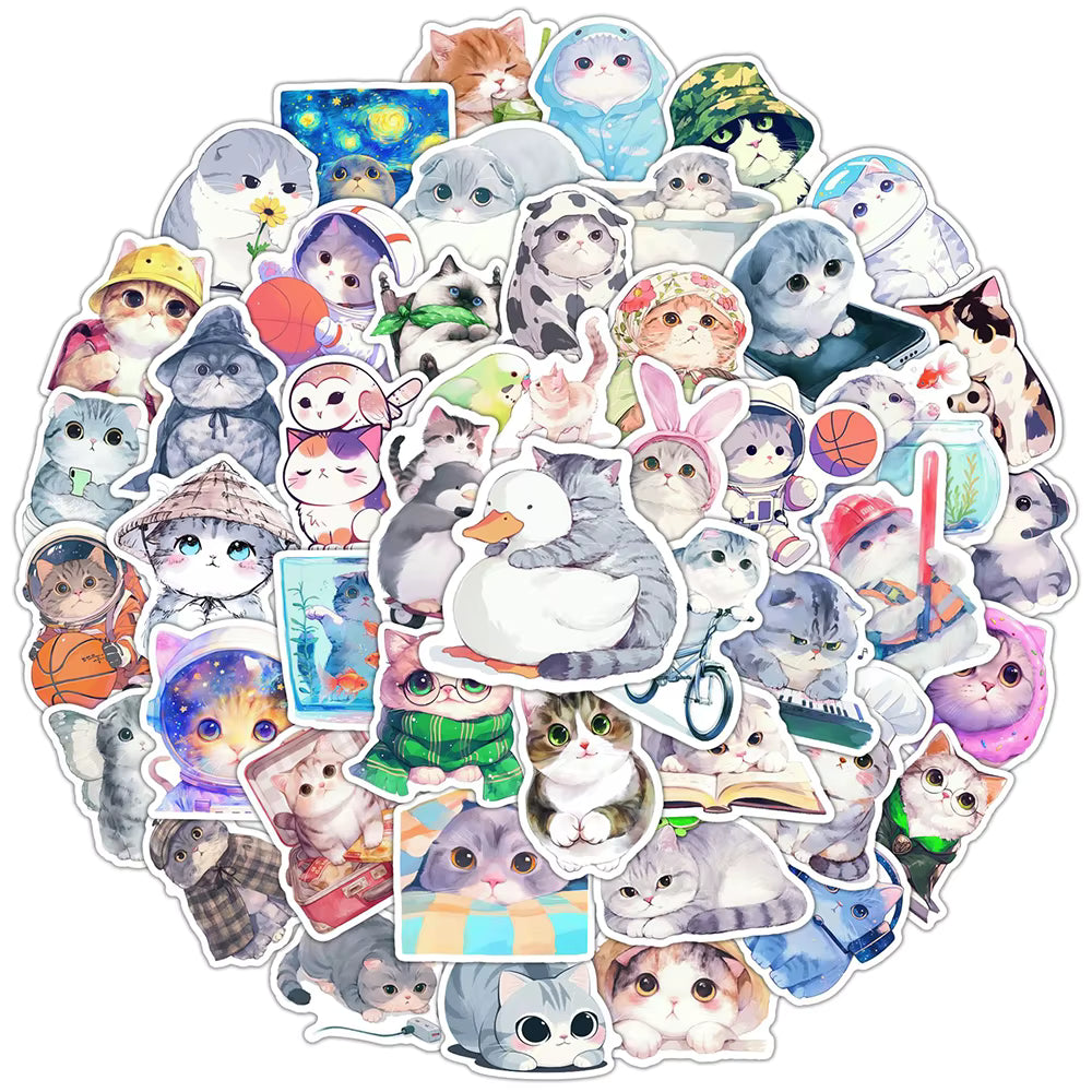 10/30/50pcs Kawaii Anime Kitten Graffiti Stickers Watercolor Animal Cat Decals DIY Scrapbook Helmet Notebook Cartoon Sticker Toy