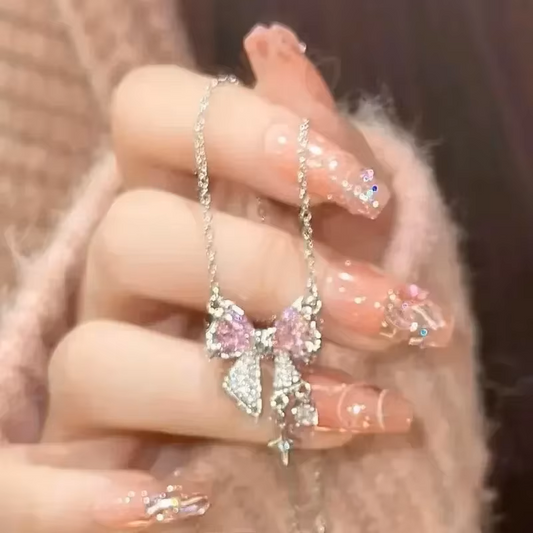 Silver Pink Crystal Bow Necklace for Women, Dainty Ribbon Bowknot Pendant Choker, Cute Cubic Zirconia Coquette Balletcore Aesthetic Jewelry Gift