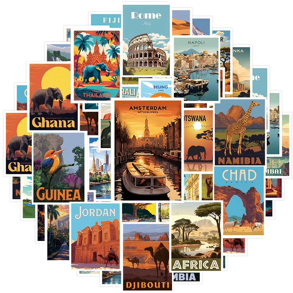 10/30/50pcs Vintage World Travel Famous Buildings Stickers City Landmark Poster Sticker DIY Phone Scrapbook Guitar Retro Sticker
