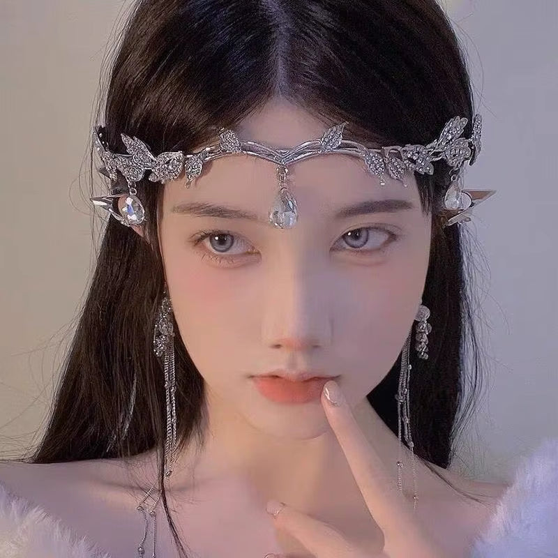 Gothic Elf Tiara Crown for Women, Silver Liquid Metal Circlet Headpiece with Crystal Tear-drop Pendant, Elven Fantasy Fairy Cosplay Hair Accessories