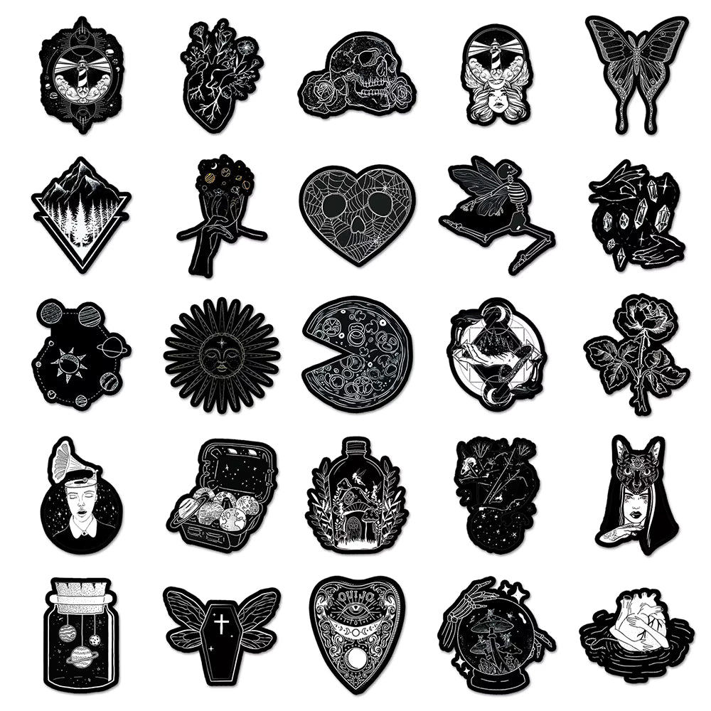 10/30/50pcs Black White Gothic Cartoon Graffiti Stickers Dark Aesthetic Art Sticker DIY Luggage Guitar Notebook Cool PVC Sticker