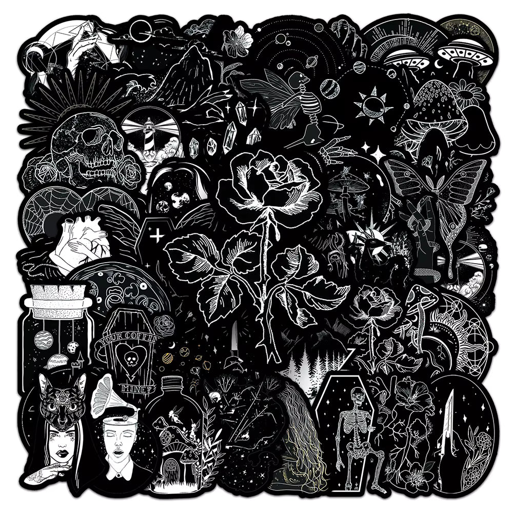 10/30/50pcs Black White Gothic Cartoon Graffiti Stickers Dark Aesthetic Art Sticker DIY Luggage Guitar Notebook Cool PVC Sticker