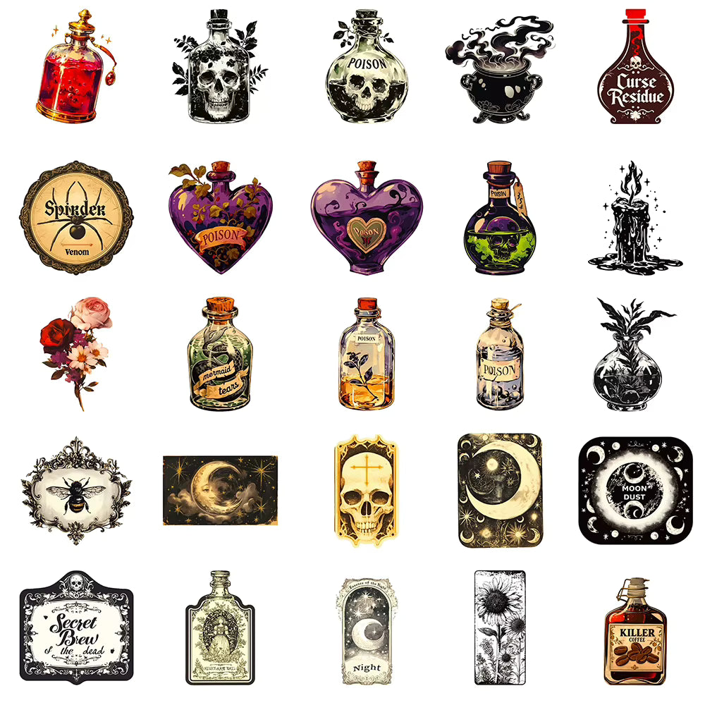 10/30/50pcs Gothic Retro Potion Label Stickers Cartoon Apothecary Decals for Notebook Phone Guitar Laptop Decoration Sticker Toy
