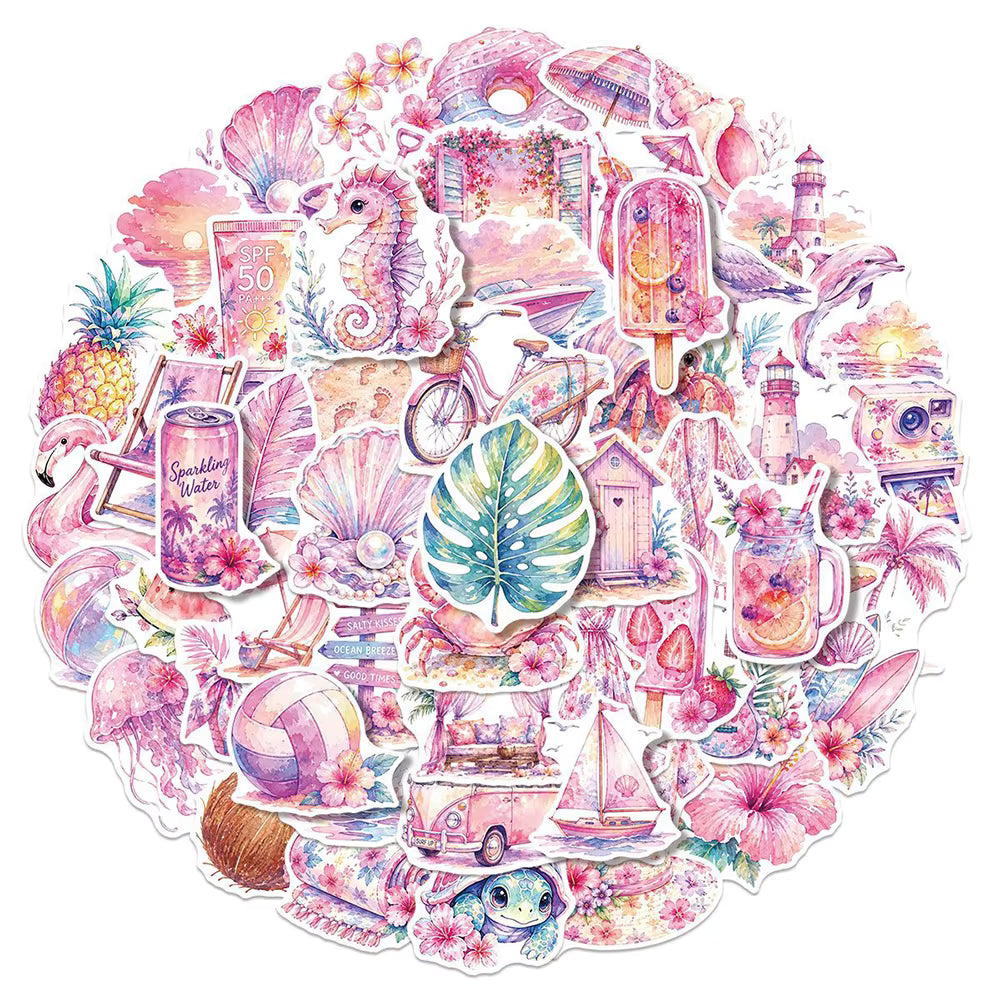 10/30/60pcs Cartoon Pink Sunset Beach Vacation Stickers Cute Aesthetic Graffiti Sticker Helmet Suitcase Laptop DIY Sticker Decor