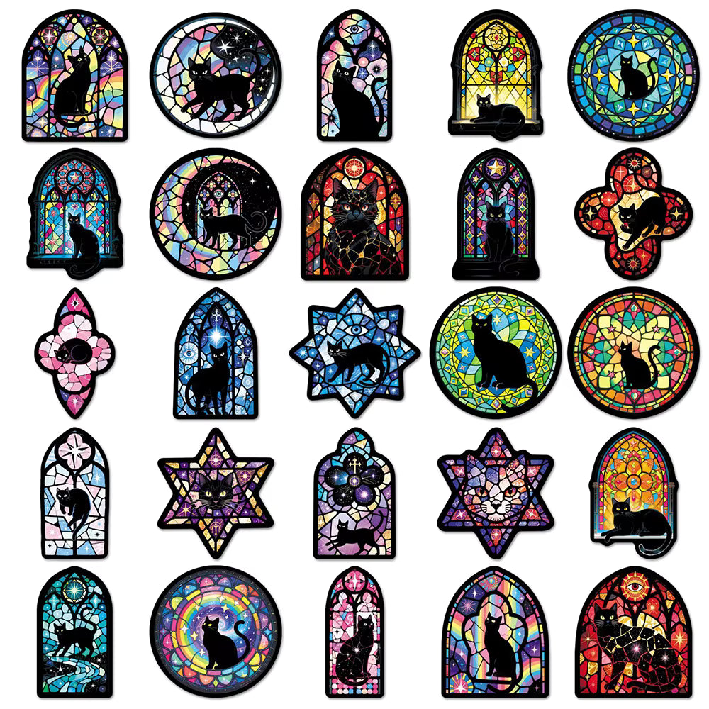 10/30/50pcs Vintage Colorful Glass and Black Cat Stickers Gothic Style Decals DIY Notebook Suitcase Phone Cool PVC Sticker Decor