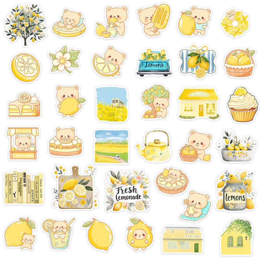 10/30/50pcs Transparent Yellow Lemon Little Bear Cartoon Stickers Aesthetic Graffiti Helmet Stationery Laptop Cute Sticker Toy