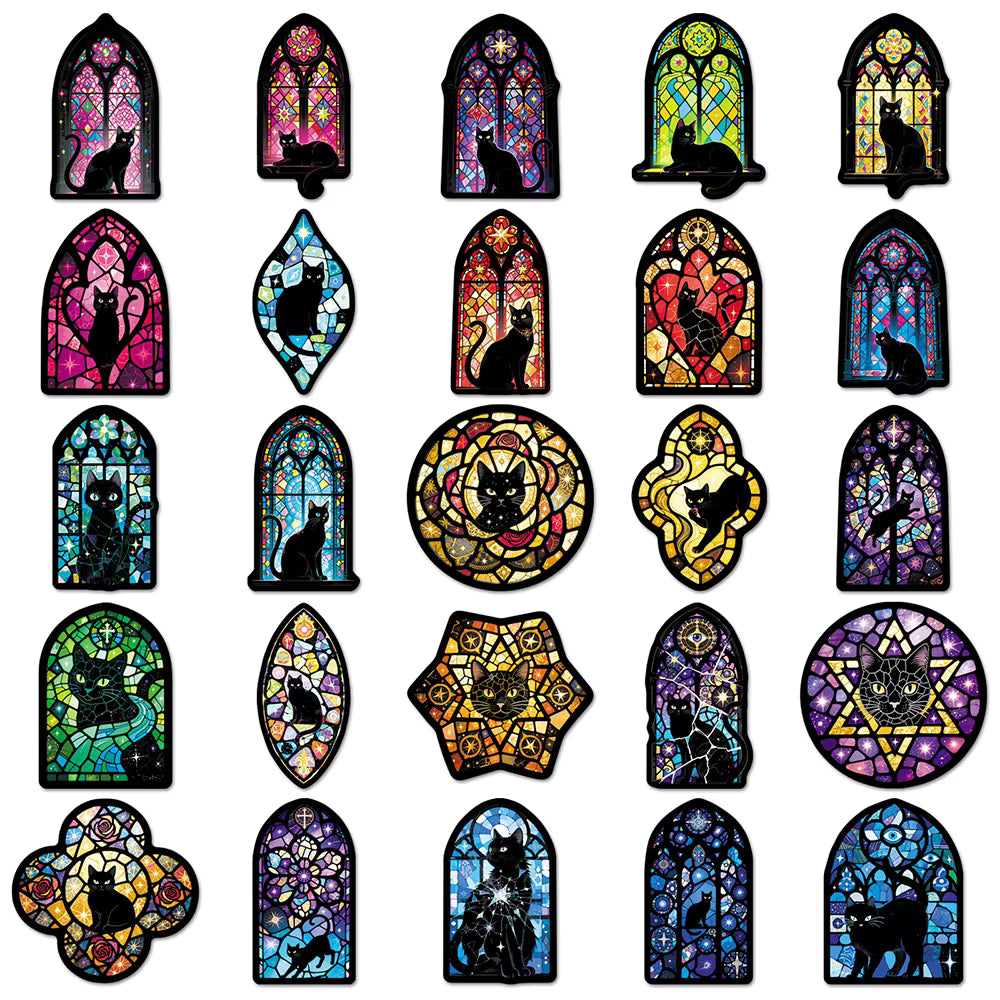 10/30/50pcs Vintage Colorful Glass and Black Cat Stickers Gothic Style Decals DIY Notebook Suitcase Phone Cool PVC Sticker Decor