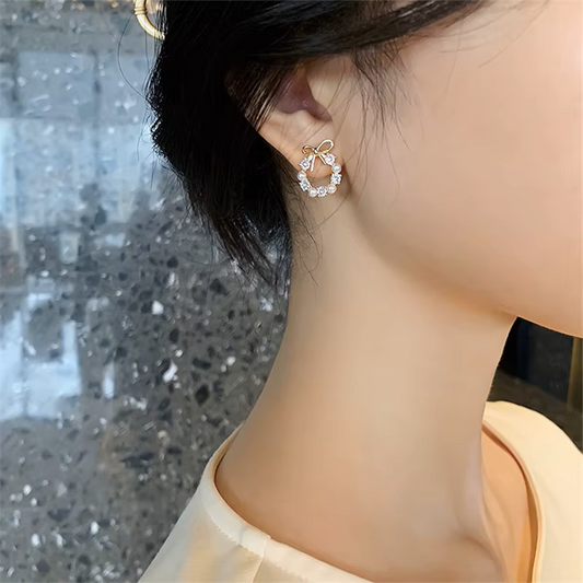Gold Pearl Wreath Stud Earrings for Women, Dainty Ribbon Bowknot Ear Studs, Cute Cubic Zirconia Circle Coquette Balletcore Wedding Jewelry Gift
