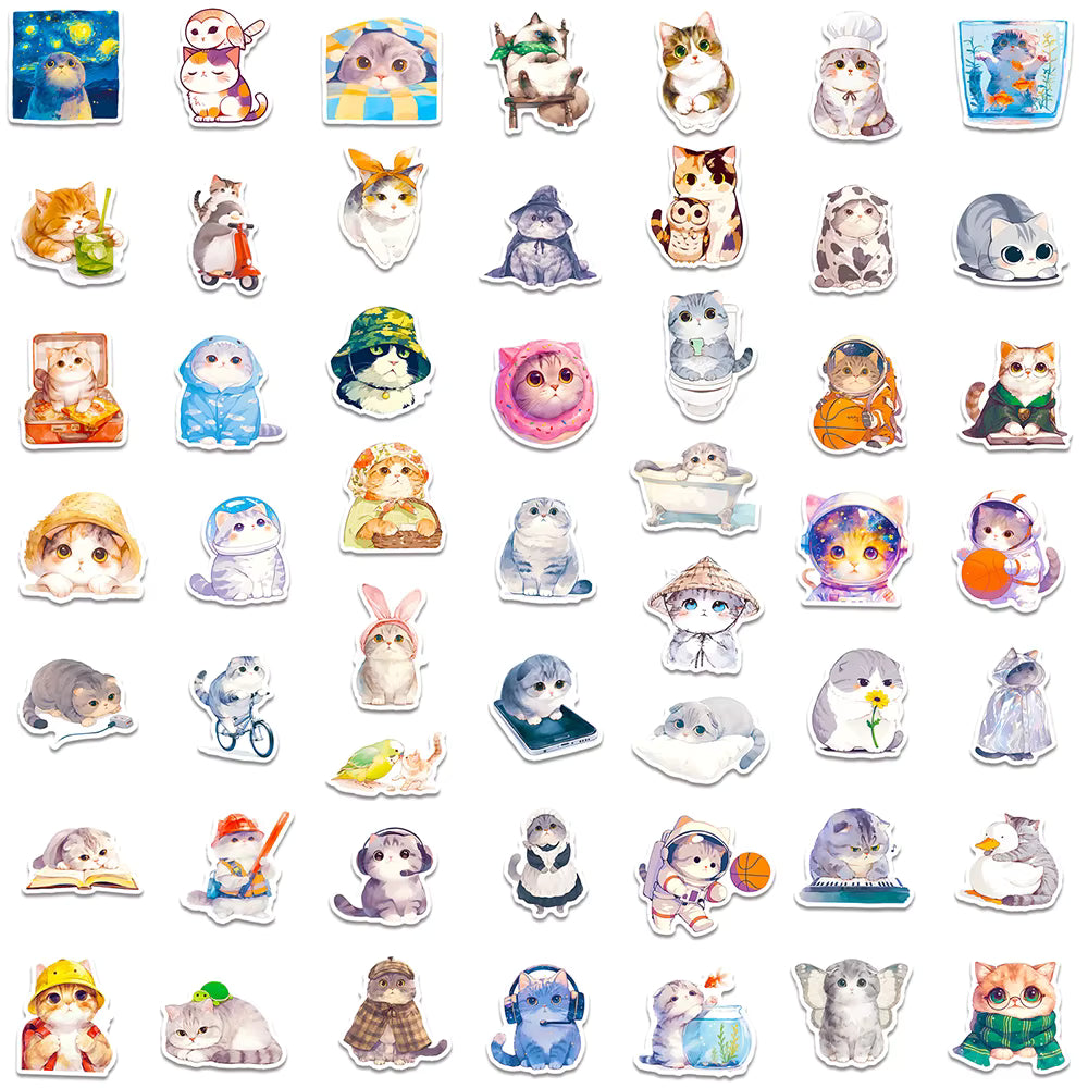 10/30/50pcs Kawaii Anime Kitten Graffiti Stickers Watercolor Animal Cat Decals DIY Scrapbook Helmet Notebook Cartoon Sticker Toy