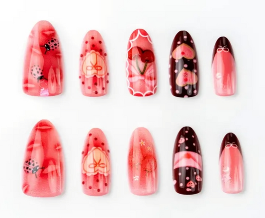 Handmade Press on Nails Medium Almond - Cute Red Ladybug and Cherry Nail Set with Hearts, Polka Dots, and Blush Ombre Design - Reusable False Nails for Girls & Daily Wear (10 Pcs)