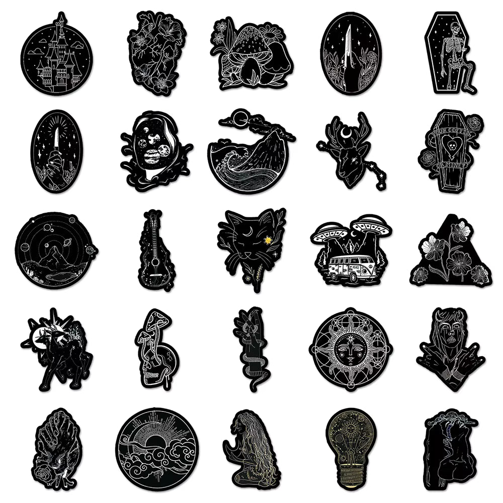10/30/50pcs Black White Gothic Cartoon Graffiti Stickers Dark Aesthetic Art Sticker DIY Luggage Guitar Notebook Cool PVC Sticker